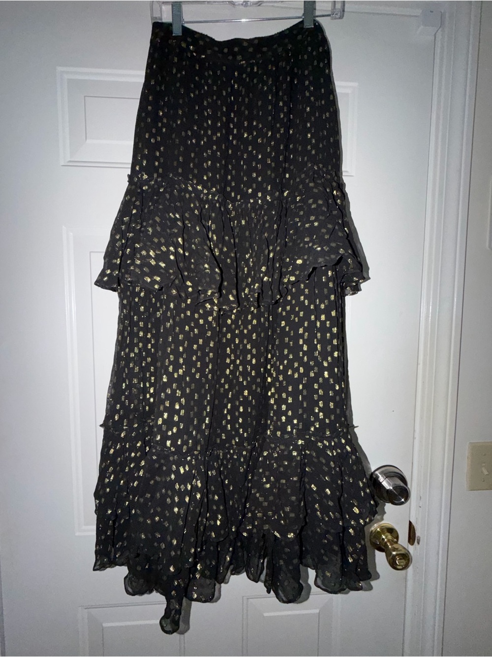 Rococo Sand Black Tiered Ruffle Maxi Skirt with Gold Dot Print. Sz M - Picture 1 of 6